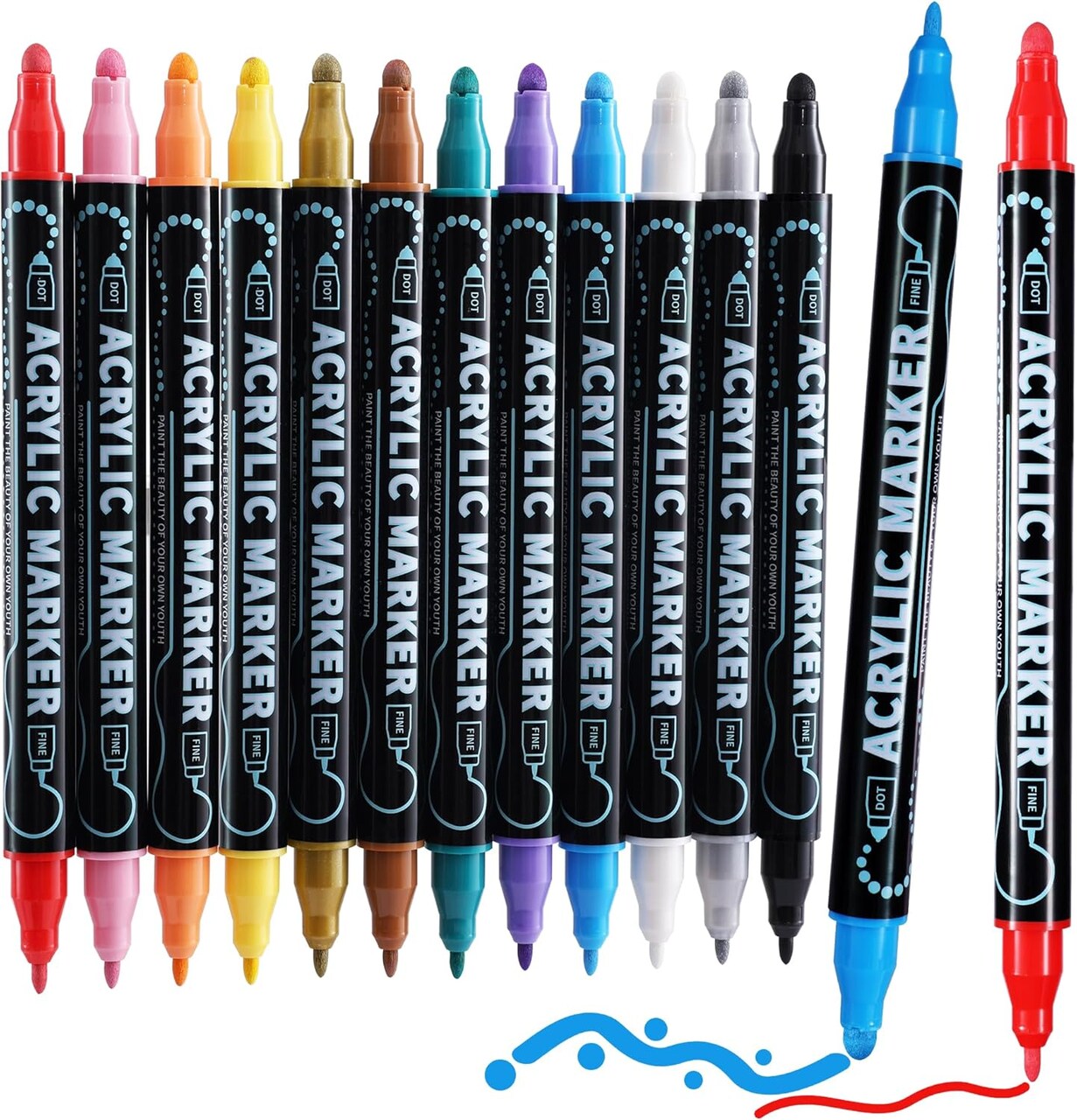 12 Colors Waterproof Dual Tip Acrylic Paint Pens, Dot & Fine Tip Premium Coloring Drawing Markers Set for Wood, Rock Painting, Canvas, Glass, Ceramic Surfaces and DIY Crafts Making Art Supplies